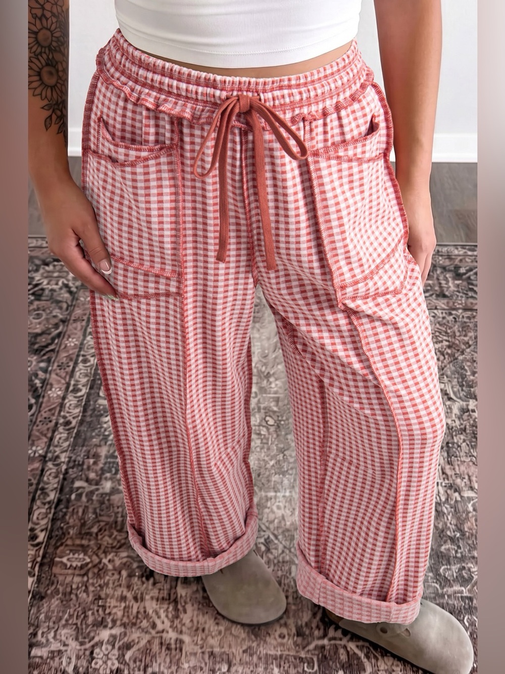 Gingham High-Waisted Drawstring Wide-Leg Pants